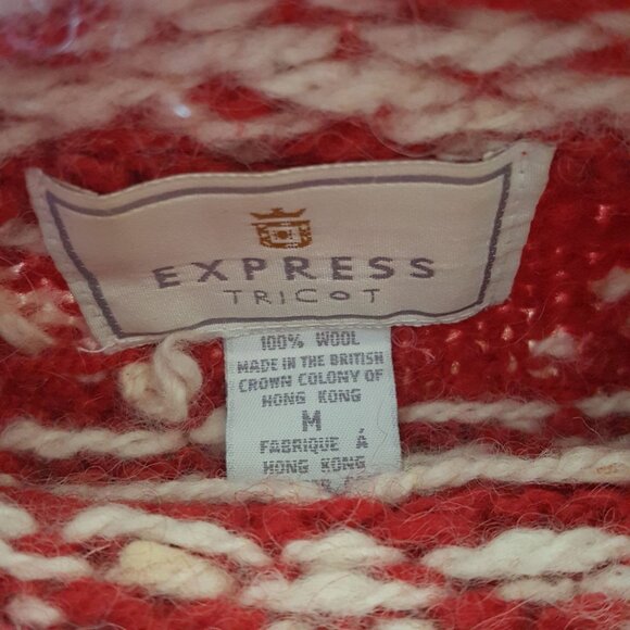 Express TriCot M Oversized Red White Wool Pullover Chunky Thick Knit Cozy Nordic - Picture 3 of 3